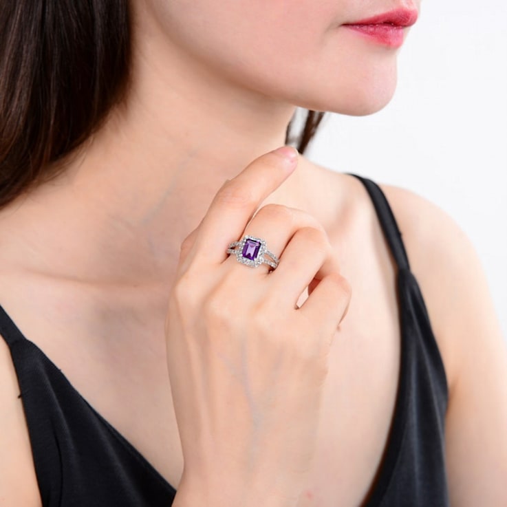 Amethyst with Moissanite Accents Rhodium Over Sterling Silver Split
Shank Ring