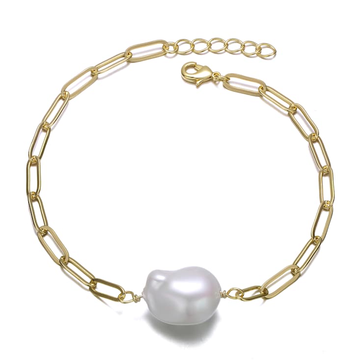 Pear Shape Freshwater Pearl Paperclip Link Bracelet In 14K White Gold
Over Sterling Silver