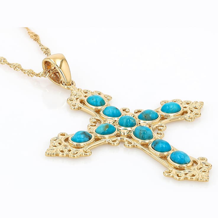 Turquoise Filigree Cross Pendant Necklace In 18K Gold Over Sterling Silver