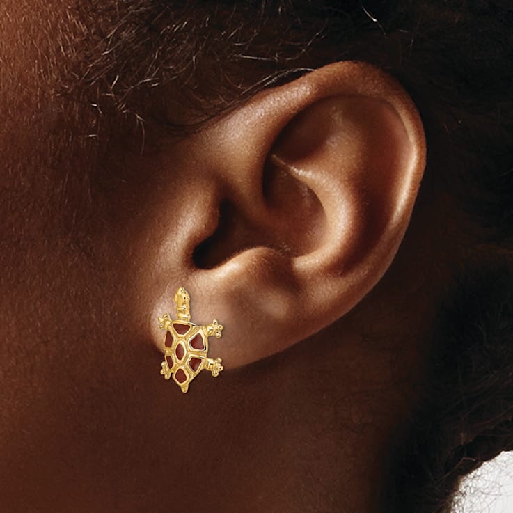 14K Yellow Gold Textured Brown Enamel Tortoise Stud Earrings