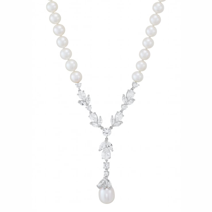 White Freshwater Pearl and White Sapphire Sterling Silver Lariat Necklace