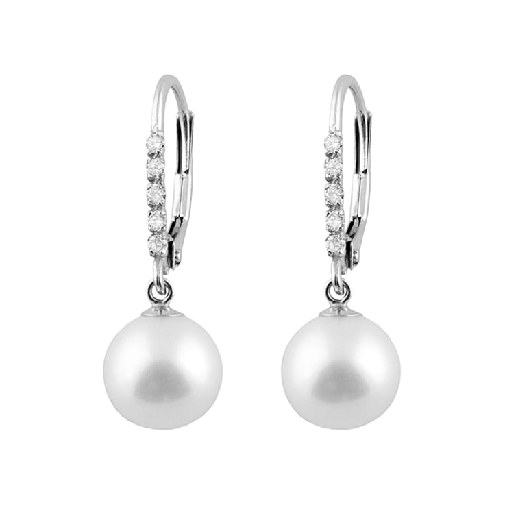 8-8.5mm Cultured Freshwater Pearl Diamond 14k White Gold Leverback Earrings