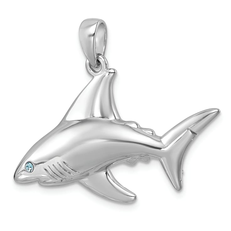 Rhodium Over Sterling Silver Polished Crystal Eye Shark Pendant