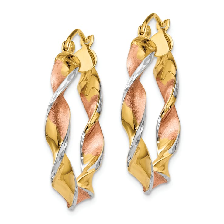 14k Yellow Gold and Rhodium Over 14k Yellow Gold 3/4" Satin Twisted
Hoop Earrings