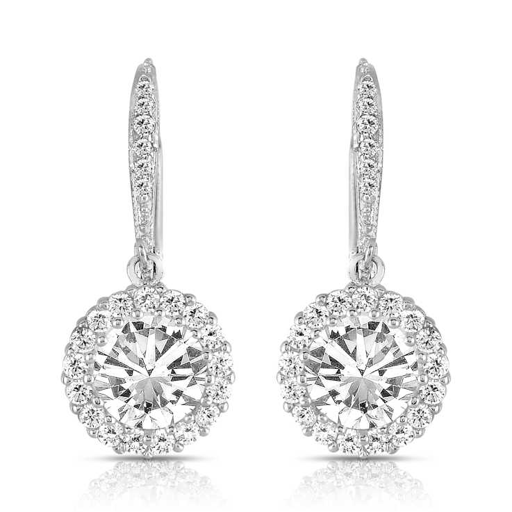 CZ Halo Drop Earrings In Sterling Silver