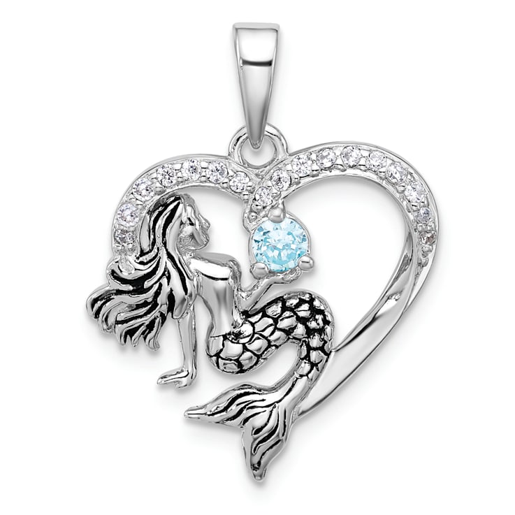 Rhodium Over Sterling Silver Antiqued Cubic Zirconia Mermaid Heart Pendant