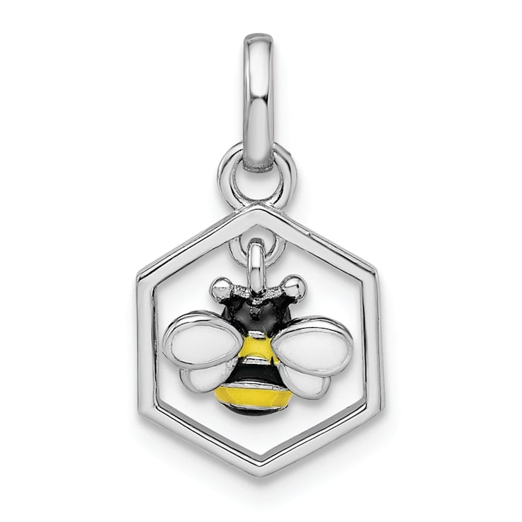 Rhodium Over Sterling Silver Polished Enameled Bee in Hive Children's Pendant