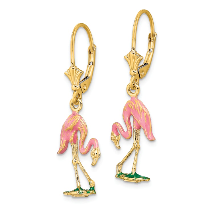 14k Yellow Gold with Pink and Green Enamel 3D Flamingo Dangle Earrings