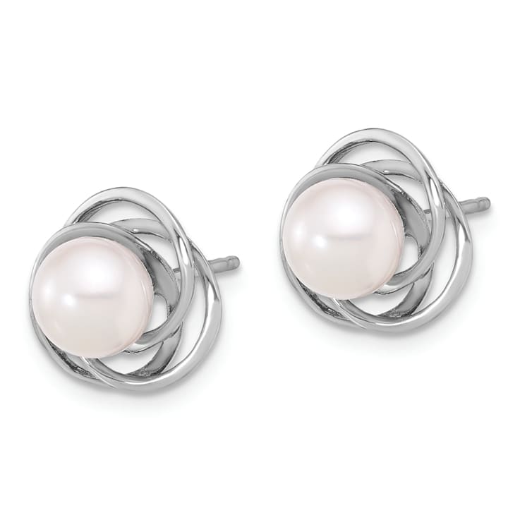 Rhodium Over 14K White Gold 6-7mm Round White Akoya Cultured Pearl Post Earrings