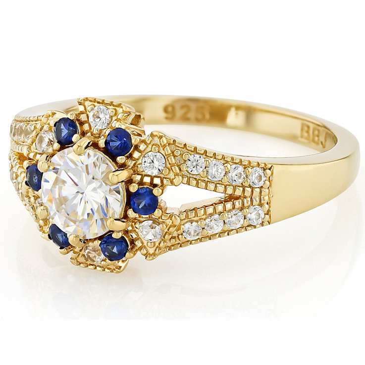 Diamond Simulant, Lab Blue Sapphire And White Zircon Ring In 18K Gold
Over Sterling Silver 1.64ctw