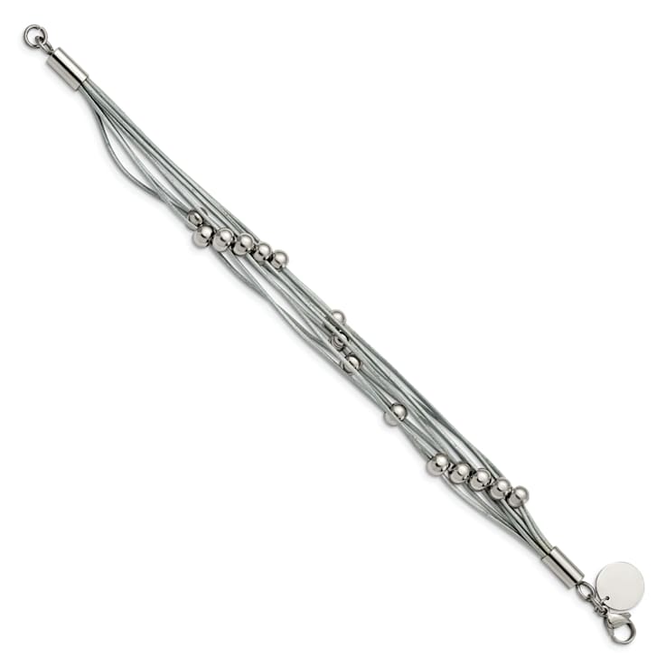 Gray Leather and Stainless Steel Polished Beaded Multi-Strand 8-inch Bracelet