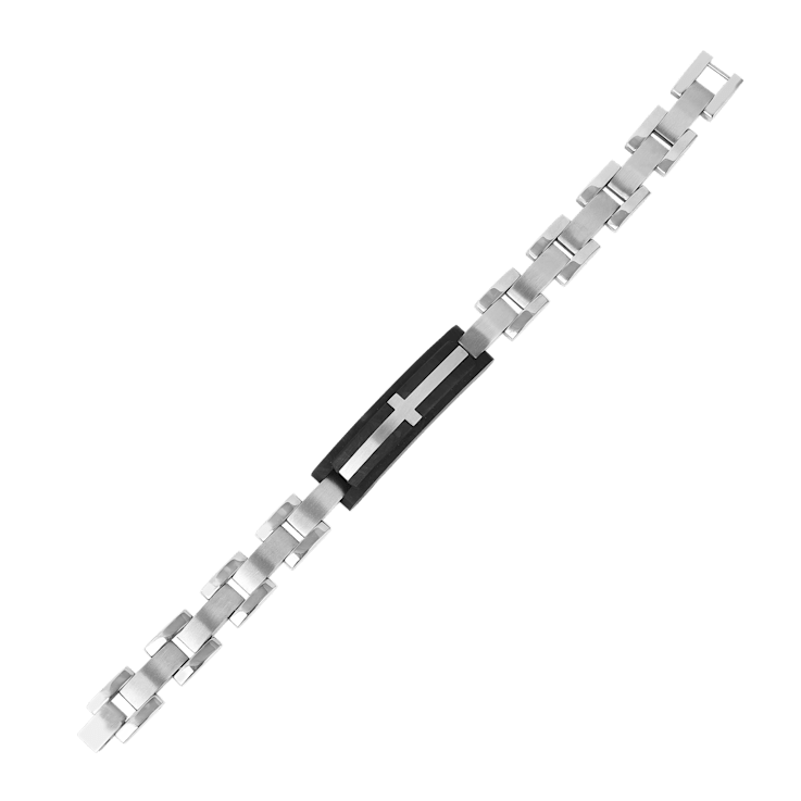 Mens Carbon Fiber and Stainless Steel with Black Leather Accent Cross Bracelet