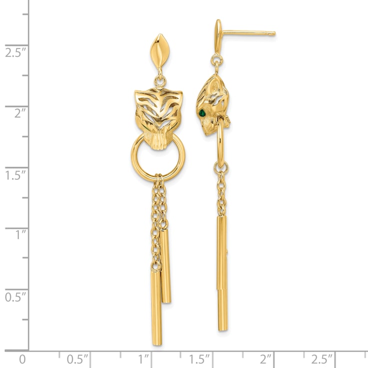 14K Yellow Gold Polished Green Enamel Tiger Post Dangle Earrings