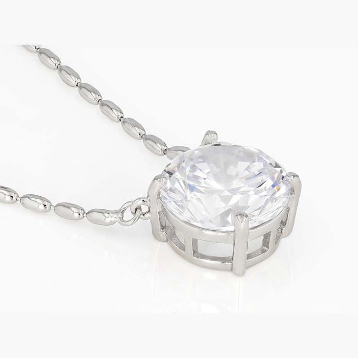 Round CZ Solitare Station Pendant Necklace in Rhodium Over Sterling Silver