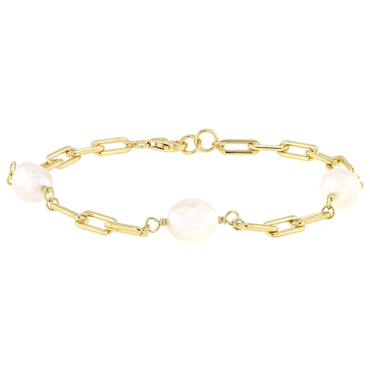Cultured Freshwater Pearl Station Paperclip Chain Bracelet In 14K Gold
Over Sterling Silver 8mm