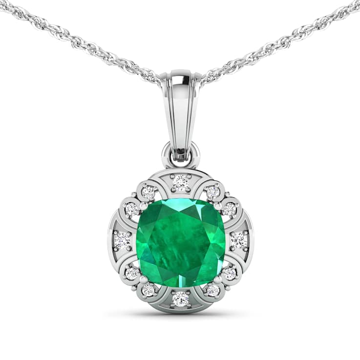 2.07ctw 14K White Gold Zambian Emerald and White Diamond Pendant with 18
inch Cable Chain