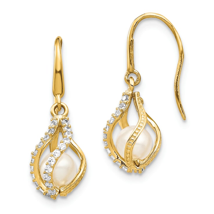14K Yellow Gold White Freshwater Cultured Pearl and Cubic Zirconia Cage  Dangle Earrings