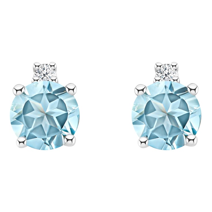 4mm Round Aquamarine with Diamond Accents 14k White Gold Stud Earrings