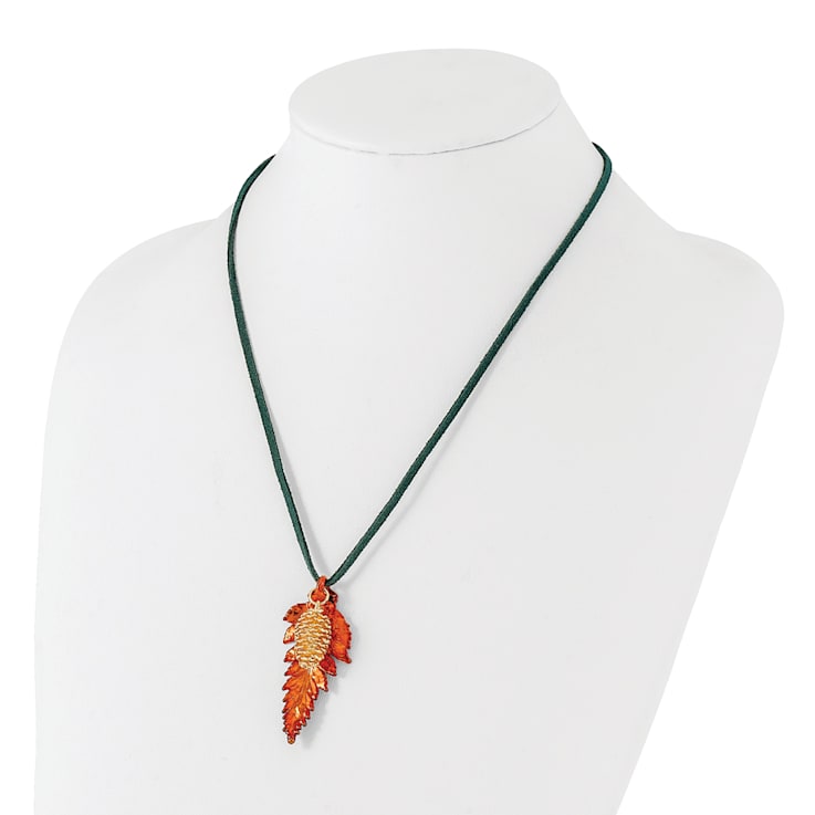 Iridescent Copper Fern Leaf and 24k Yellow Gold Dipped Pine Cone 20 Inch Necklace