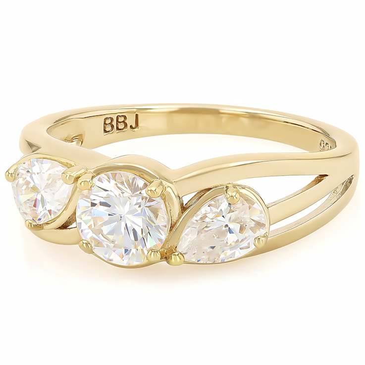 Diamond Simulant Round And Pear Three-Stone Ring In 18K Gold Over
Sterling Silver 2.24ctw