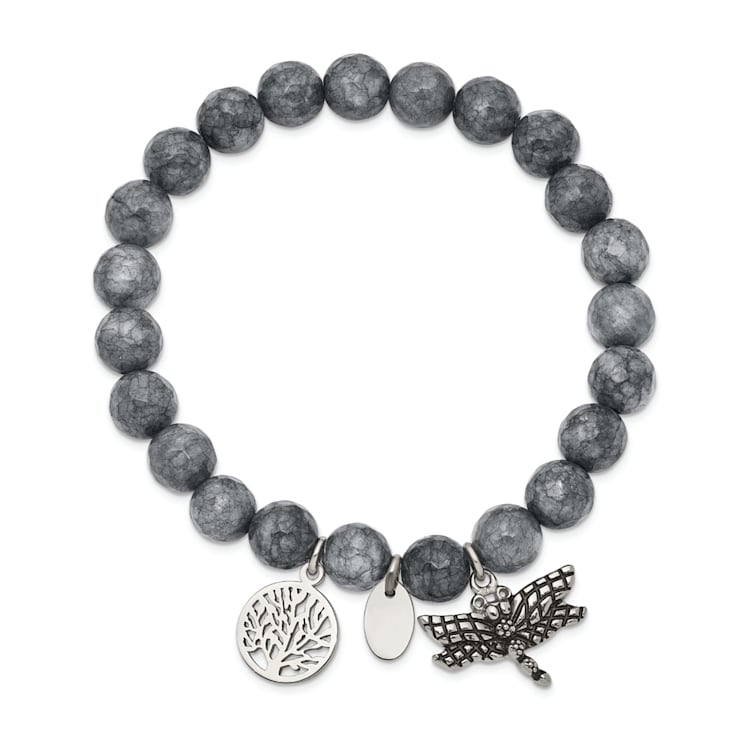 Stainless Steel Antiqued and Polished Dragonfly Grey Dyed Jade Bracelet