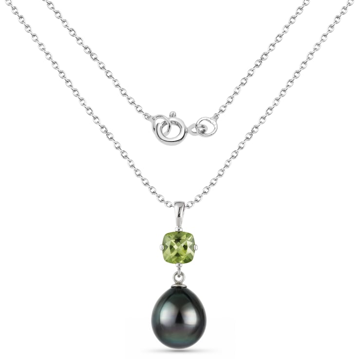 Black Tahitian Pearl and Peridot Sterling Silver Teardrop Pendant With
Chain 1.05ct