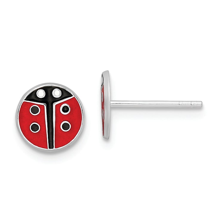 Rhodium Over Sterling Silver Enamel Ladybug Children's Post Earrings