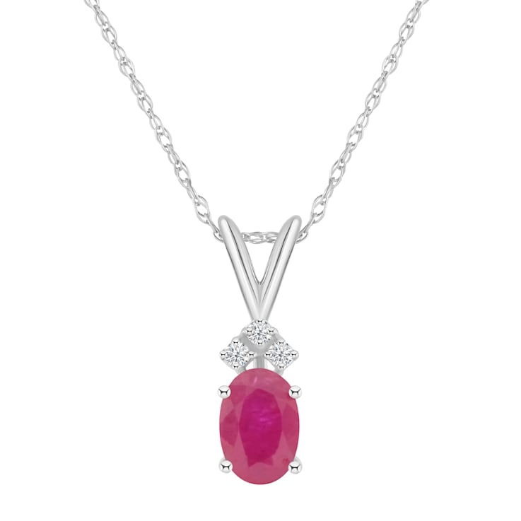 7x5mm Oval Ruby with Diamond Accents 14k White Gold Pendant With Chain