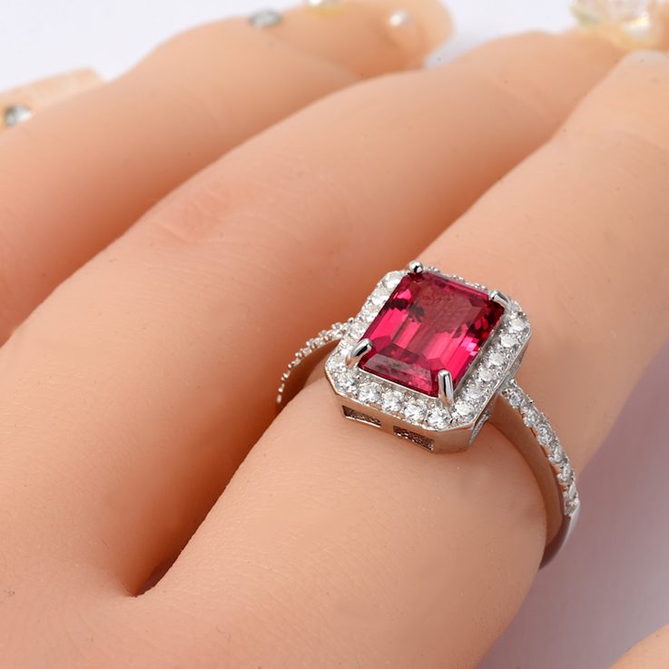 Red Lab Created Ruby With Moissanite Accents Rhodium Over Sterling
Silver Ring