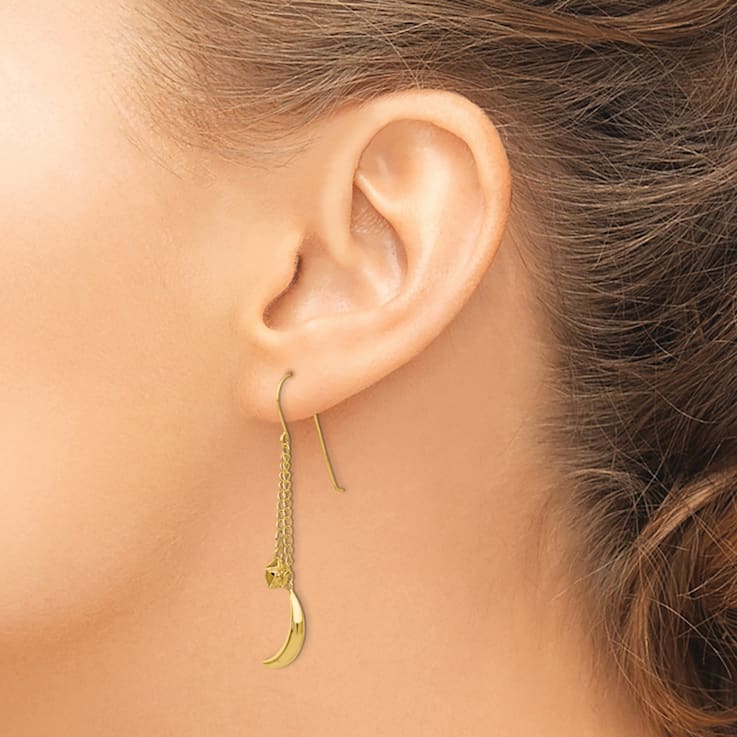 14k Yellow Gold Chain with Puffed Moon and Stars Dangle Earrings