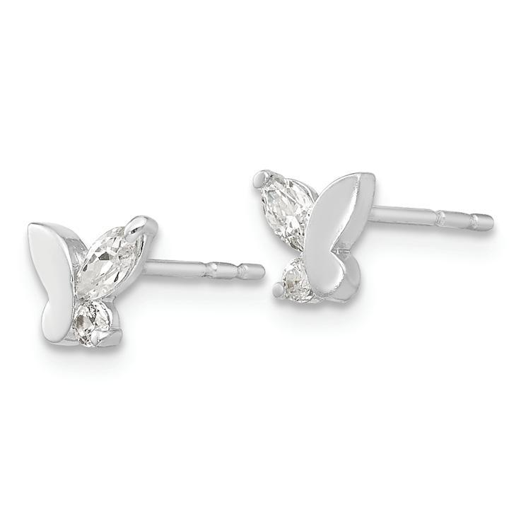 Rhodium Over 14k White Gold Children's Cubic Zirconia 7mm Butterfly Stud Earrings