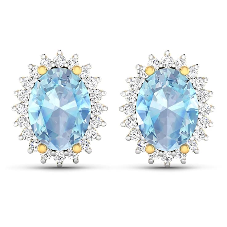 1.92ctw 14K Yellow Gold Aquamarine and White Diamond Halo Earrings