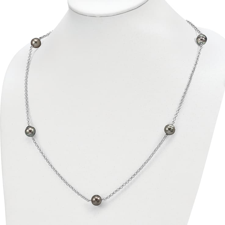 Rhodium Over Sterling Silver 8-9mm Baroque 5 Station Tahitian Saltwater
Cultured Pearl Necklace