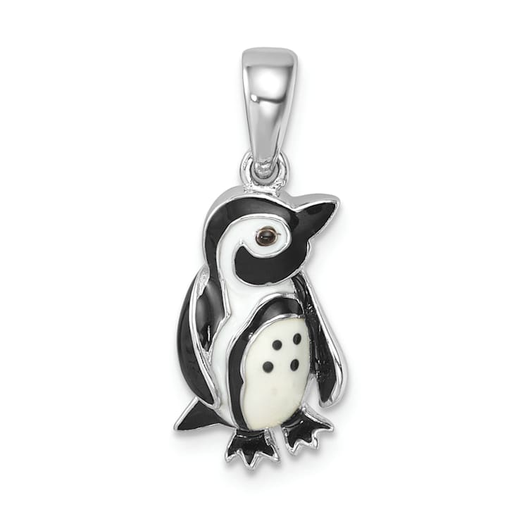 Rhodium Over Sterling Silver Polished Enamel Penguin Pendant