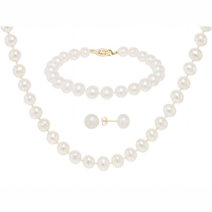 7-7.5mm White Cultured Freshwater Pearl 14k Yellow Gold Jewelry Set