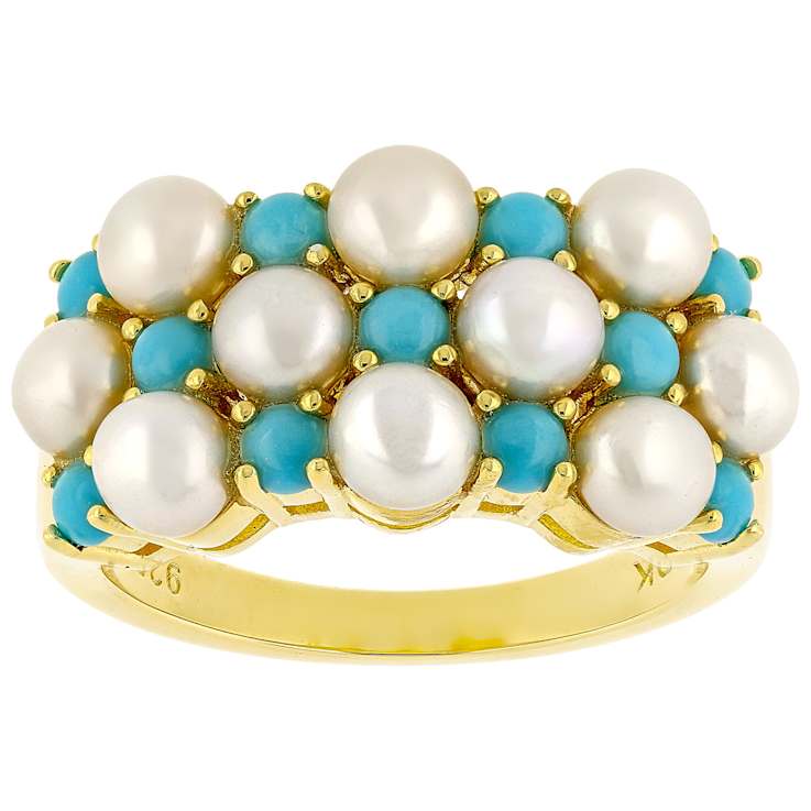 Turquoise And Cultured Seed Pearl Band Ring In 18K Gold Over Sterling Silver