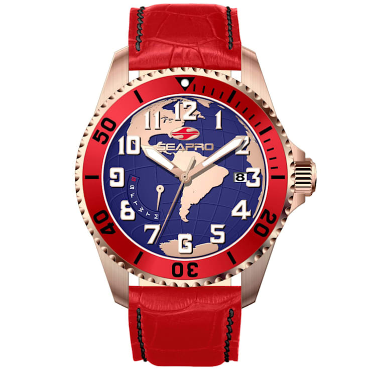 Seapro Men's Voyager Blue Dial, Red Dial, Red Leather Strap Watch