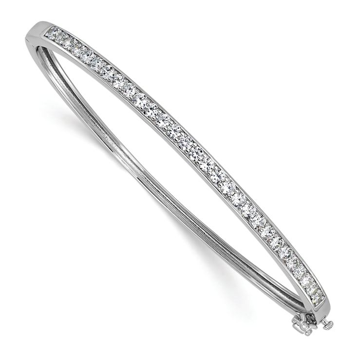 Rhodium Over Sterling Silver Polished Cubic Zirconia Hinged Bangle