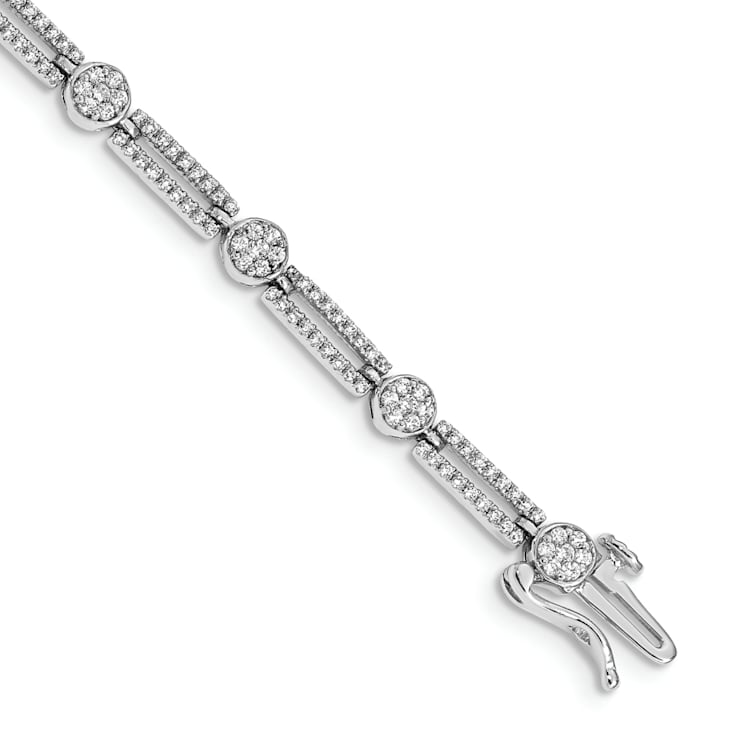 Rhodium Over 14k White Gold Diamond Circle and Rectangle Link Bracelet