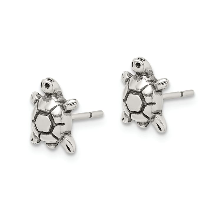 Sterling Silver Polished and Antiqued Turtle Post Earrings