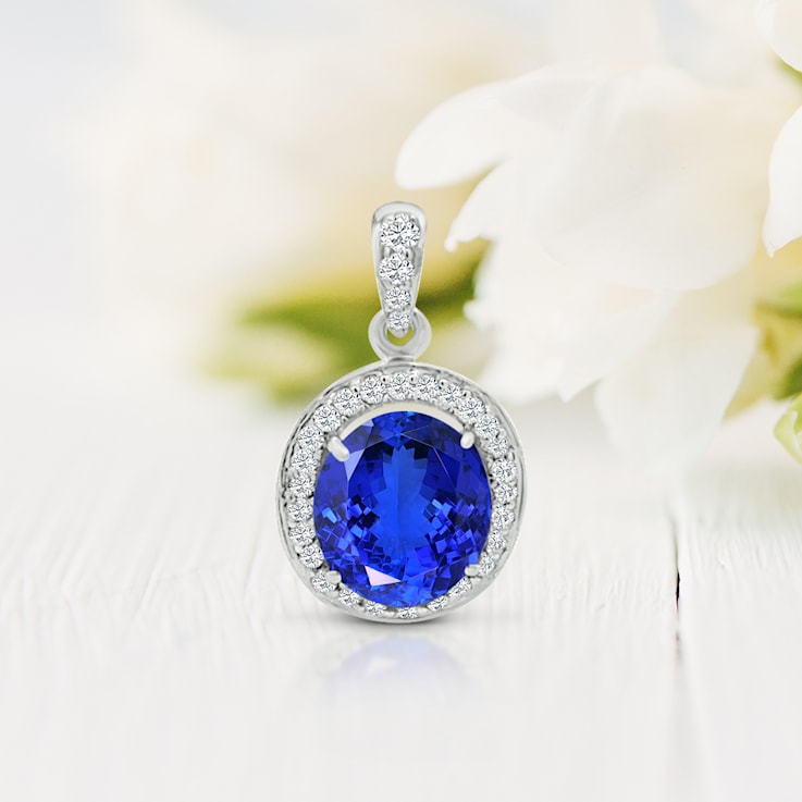 14K White Gold Oval Tanzanite and Diamond Pendant 3.31ctw