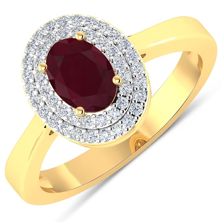 1.11ctw Red Ruby and Diamond 14K Yellow Gold Halo Ring