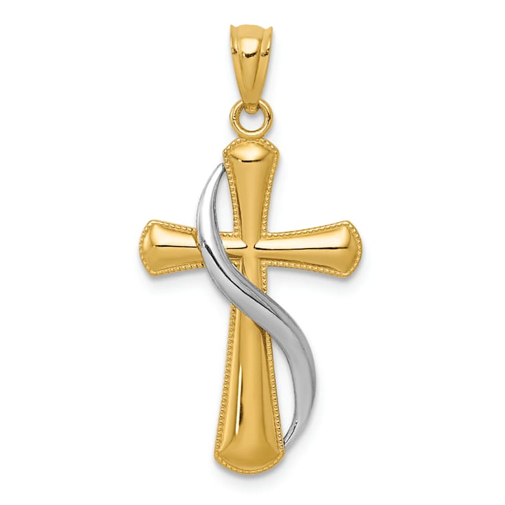 14K Yellow and White Gold Polished Cross with Drape Pendant