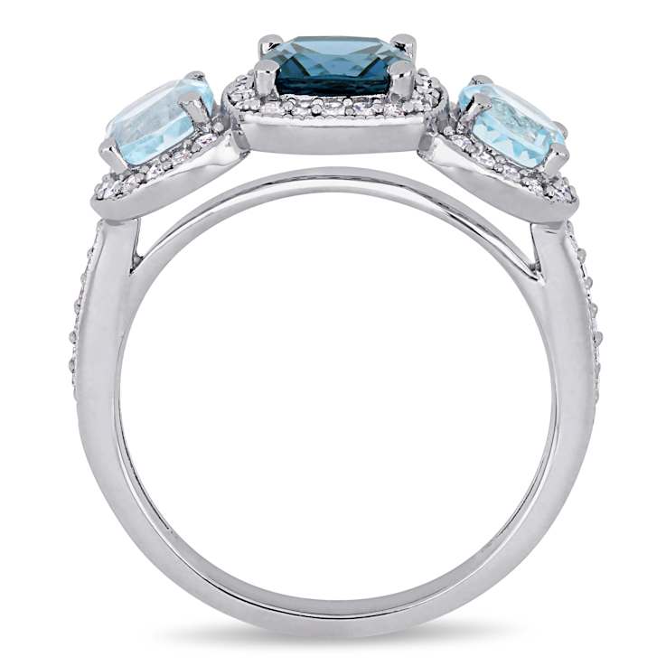 2.17ctw London Blue and Sky Blue Topaz with.33ctw Diamond 3-Stone Ring
in Sterling Silver