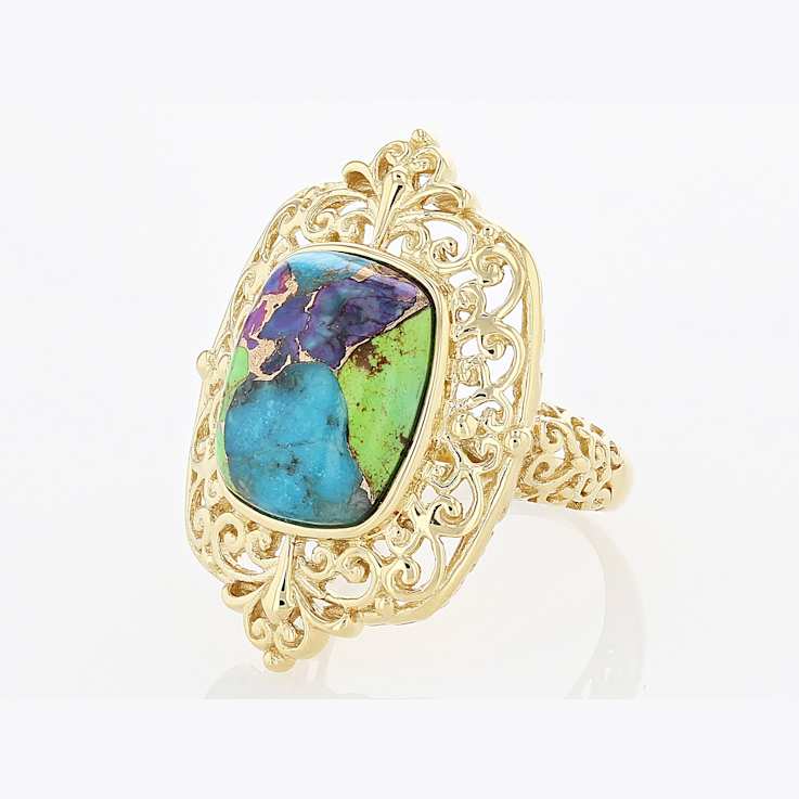 Multi-Color Blended Turquoise and Filigree Ring In 18K Gold Over
Sterling Silver 14x11mm