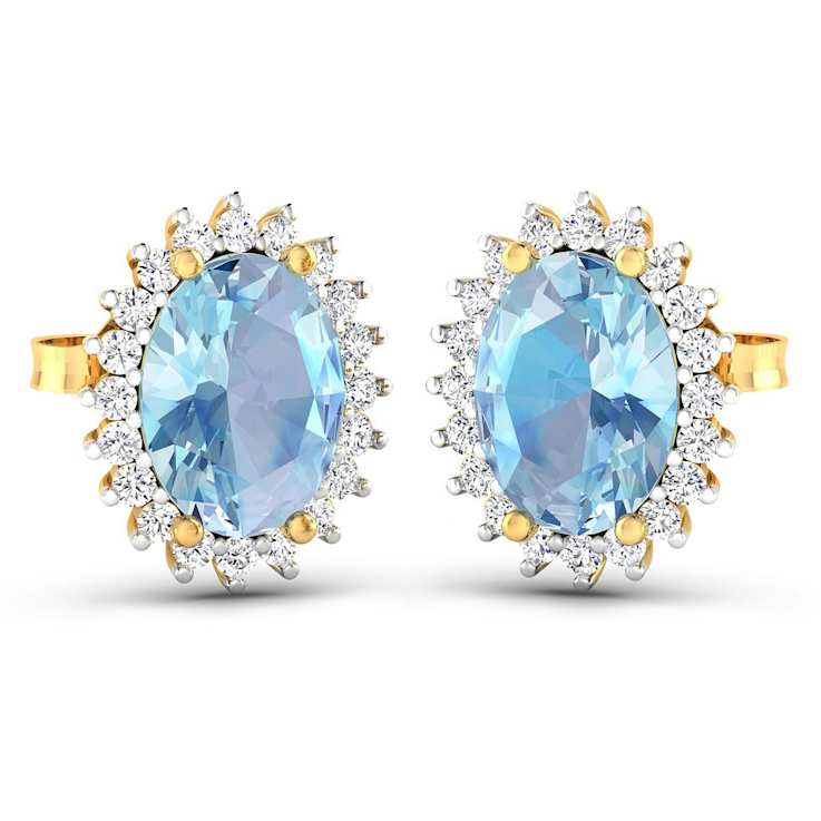 1.92ctw 14K Yellow Gold Aquamarine and White Diamond Halo Earrings