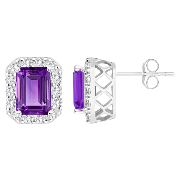 8x6mm Emerald Cut Amethyst And White Topaz Accent Rhodium Over Sterling
Silver Halo Stud Earrings