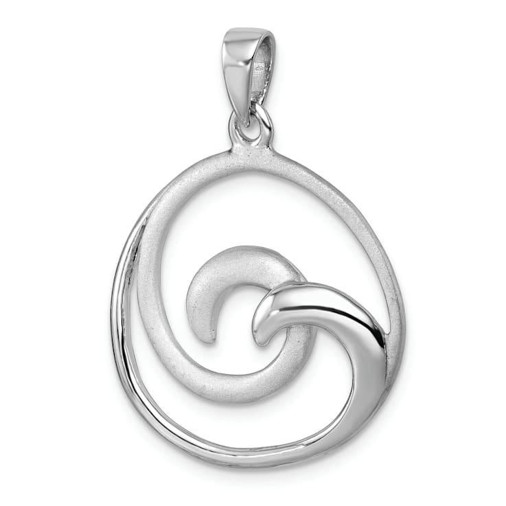 Rhodium Over Sterling Silver Polished and Brushed Double Wave Pendant