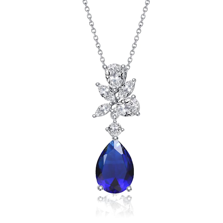 Sapphire Color CZ Pear Shape Cluster Pendant Necklace In White Gold Over Brass