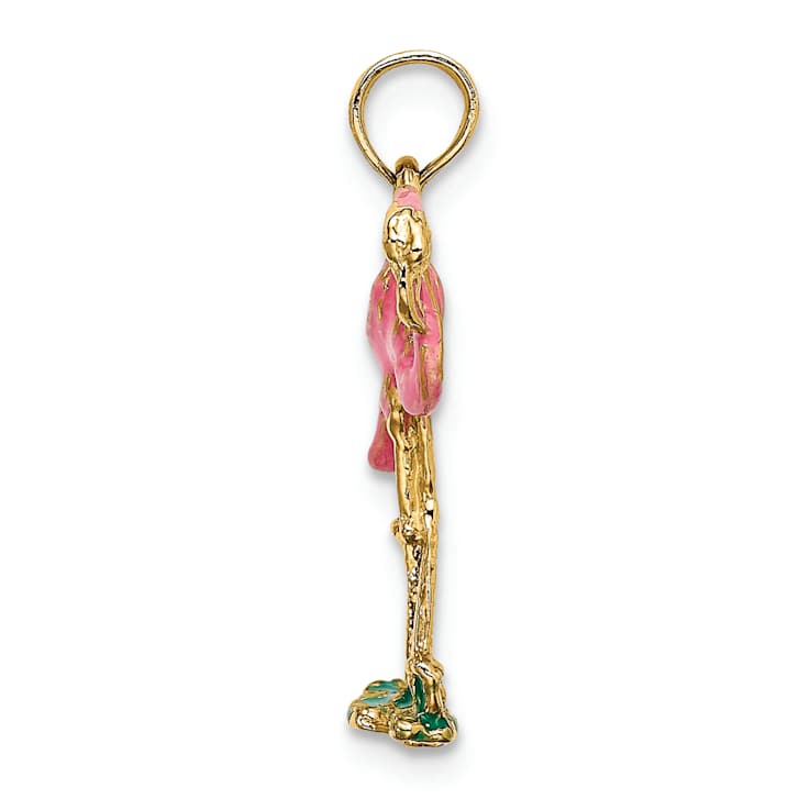 10K Yellow Gold 3D Pink Enameled Flamingo Charm